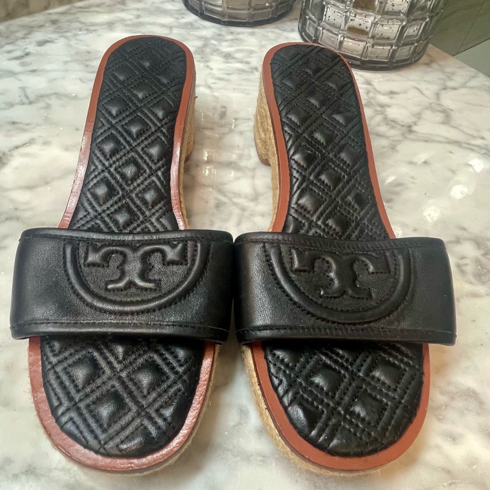 Tory Burch Black Leather Fleming Espardrille Slides